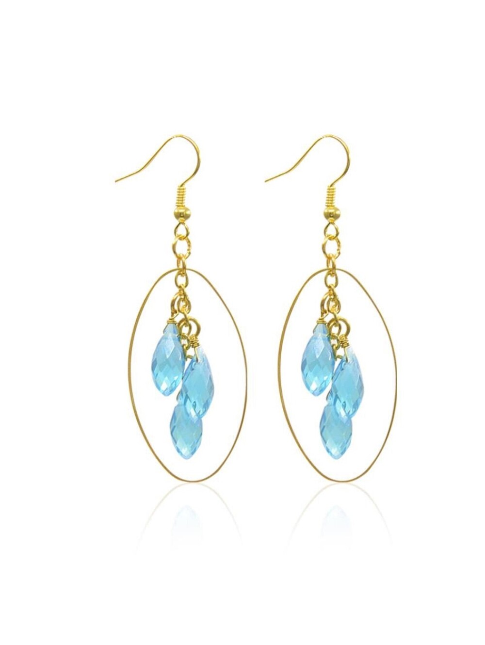 Handmade Aqua Blue Crystal Briolette Wire Wrap Gold 14K Plated Dangle Earrings